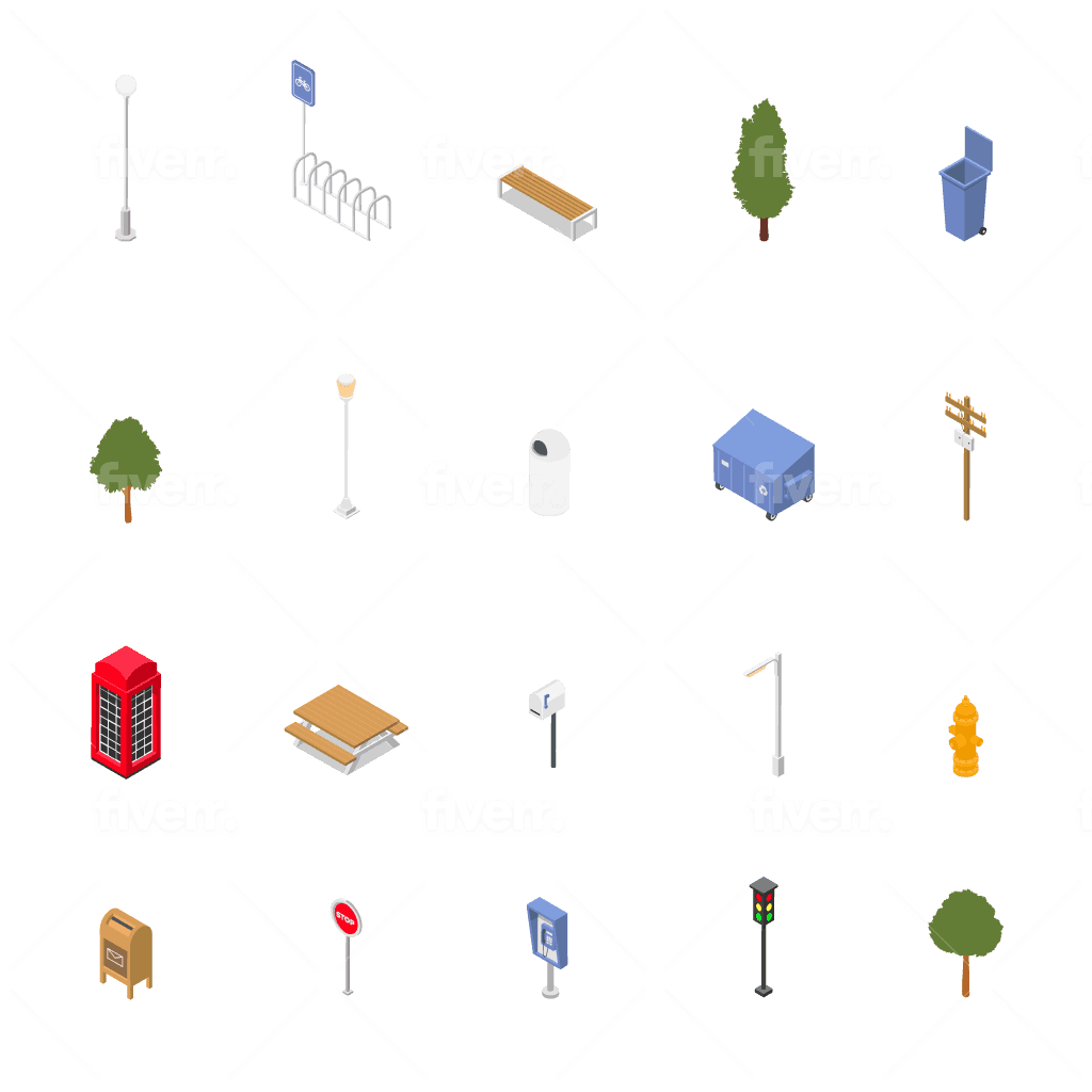 Isometric Street Furniture Vector in Color