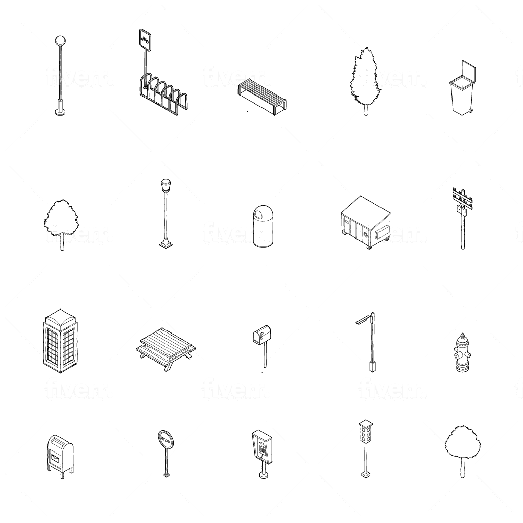 Sketchy Street Furniture Isometric in Lineart