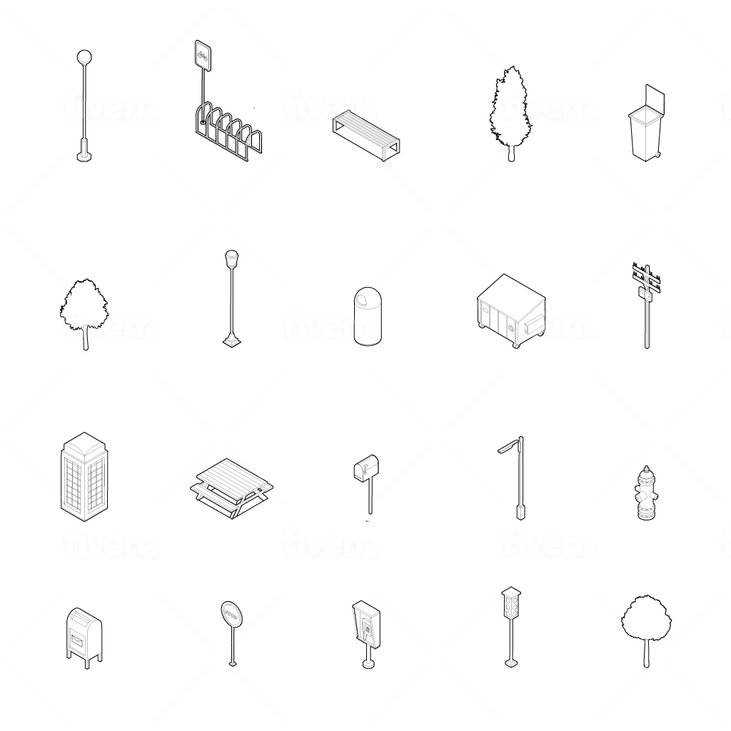 Street Furniture Isometric Vector Lineart